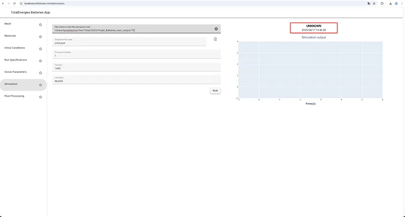 From the interface, users configure a few run parameters such as the job name and timeout, then click Run to start the simulation. This triggers a Python process that connects to the HPC environment and submits the simulation job with the required computing resources.