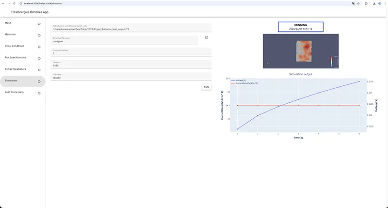 During the simulation’s runs, different outputs are generated and visualized directly: At regular time intervals, an image of the current state of the battery (rendered in a ParaView scene) is captured.