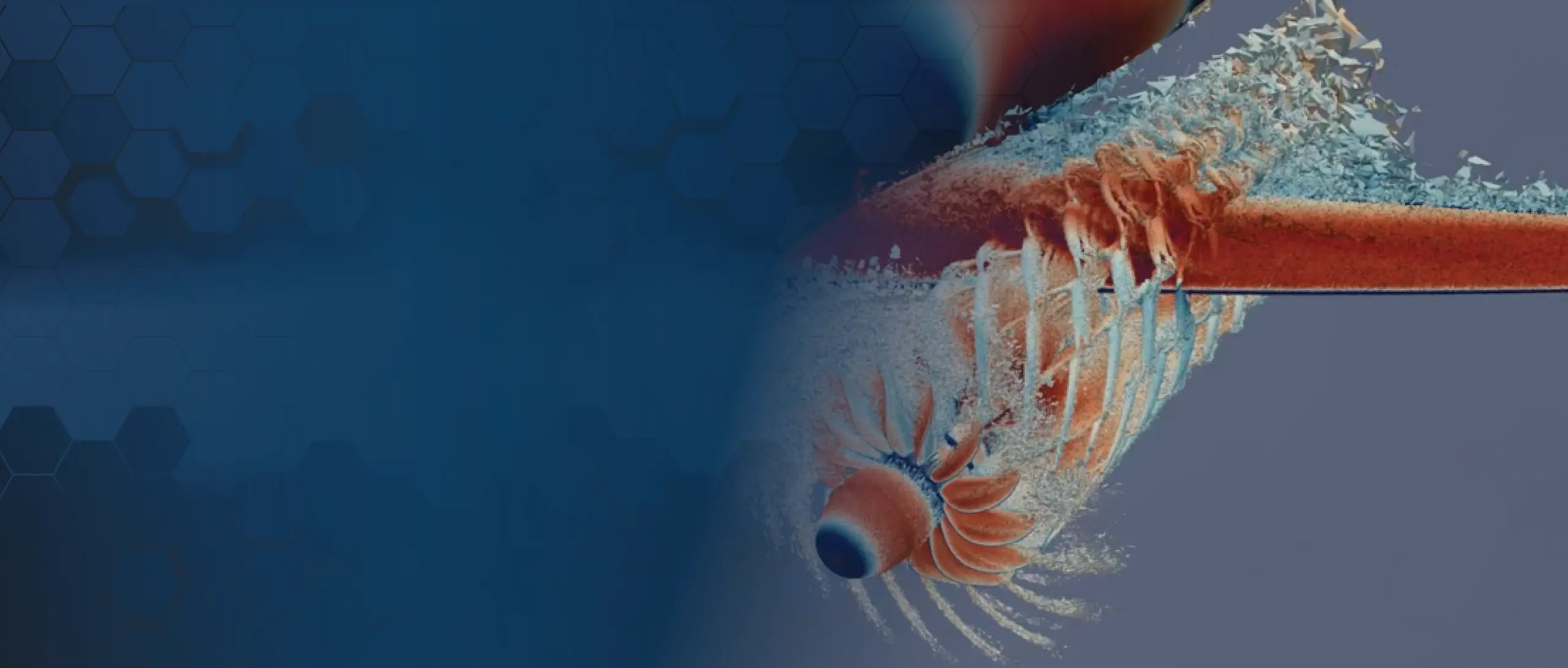 3D computational fluid dynamics simulation of airflow and turbulence around a turbine engine against a blue tech background