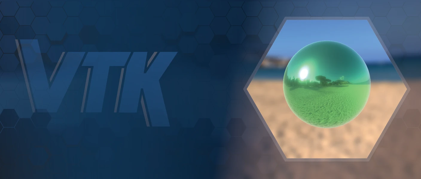 VTK Logo and a computer visualization of a ball over a landscape.