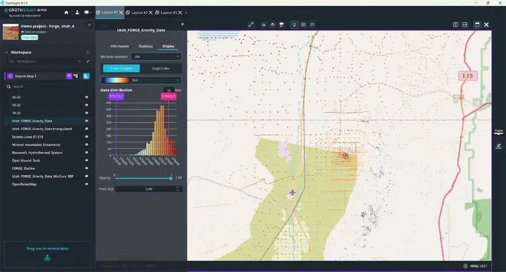Fig 3. Gravimetry survey visualized on a map with land constraints and a display panel to modify data visualization using QML capabilities