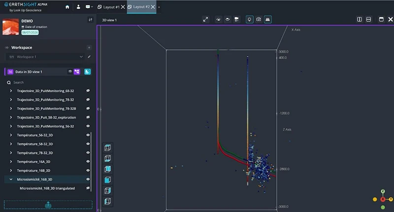 Fig 9. 3D view of wells and microseismicity associated