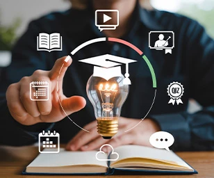 Human pointing to icons of education hat.