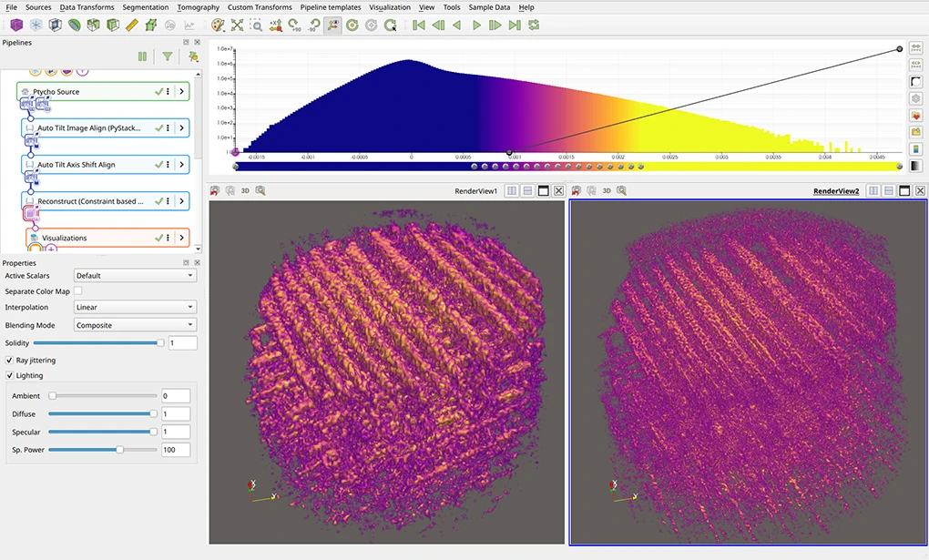 Tomviz 3.0 running a complete ptychography workflow: the new node-based pipeline (left) chains alignment and reconstruction transforms, while split render views compare the X-ray fluorescence (left) and ptychography phase (right) volumes of the same integrated circuit, with the higher resolution of ptychography visible in the finer structural detail.