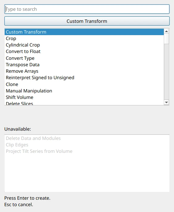 Every transform menu now includes a ParaView-inspired search dialog.