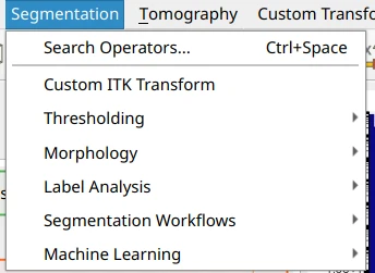 The reorganized Segmentation menu, with transforms grouped into Thresholding, Morphology, Label Analysis, Segmentation Workflows, and Machine Learning.