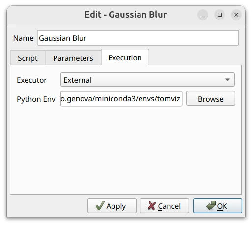 The Execution tab of a Python node, where an external conda environment can be selected for that node.