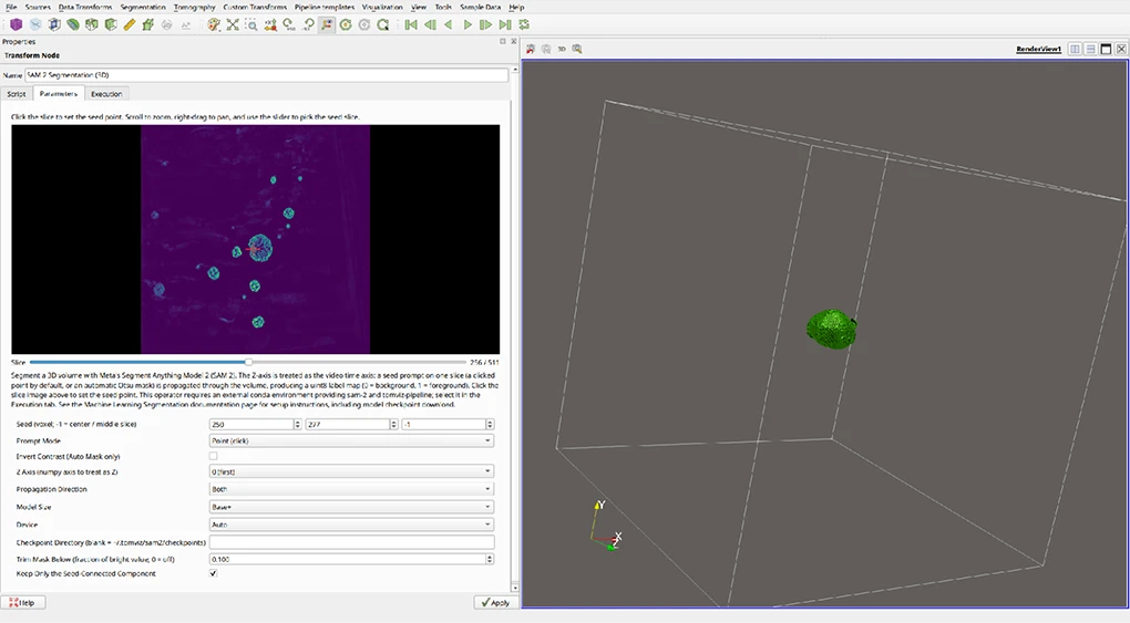 SAM 2 segmentation of a single nanoparticle. The crosshair in the slice view (left) seeds one particle out of the many in the reconstruction, and only that particle is extracted in the volume rendering (right).