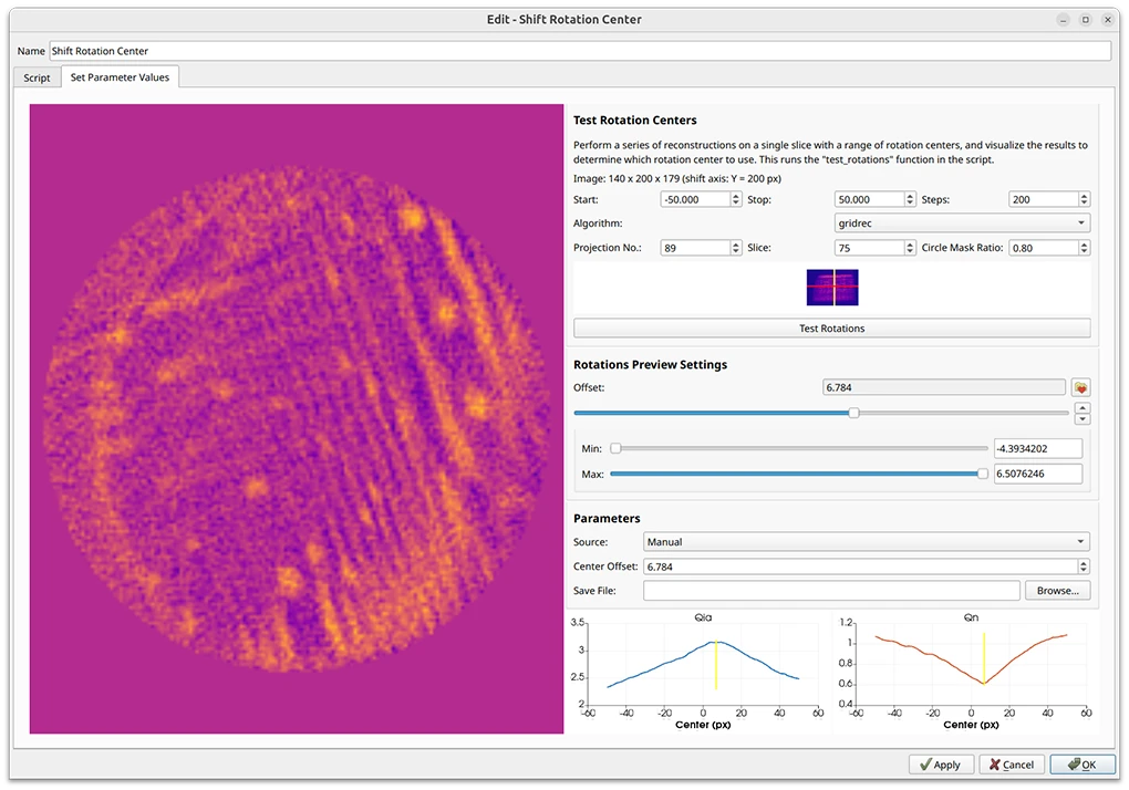Interactively tuning the rotation center with live reconstruction previews.