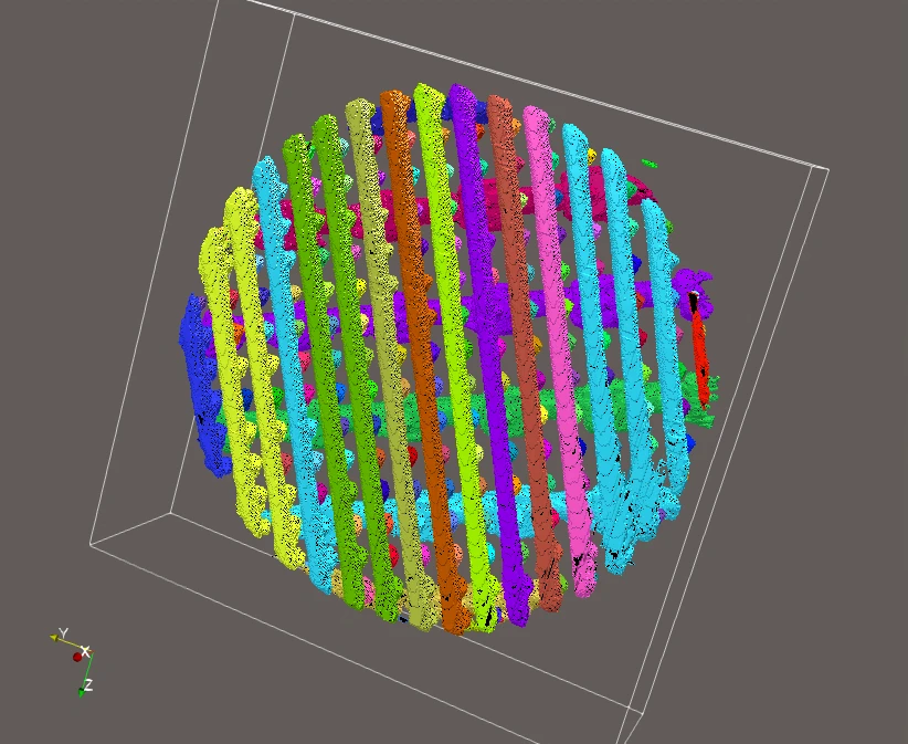 SAM 3 instance segmentation of an integrated-circuit ptychography reconstruction with the text prompt "IC feature." Each interconnect wire receives its own label and color. This result was produced with the facility-hosted deployment at NSLS-II, which runs the same SAM 3 model server-side.