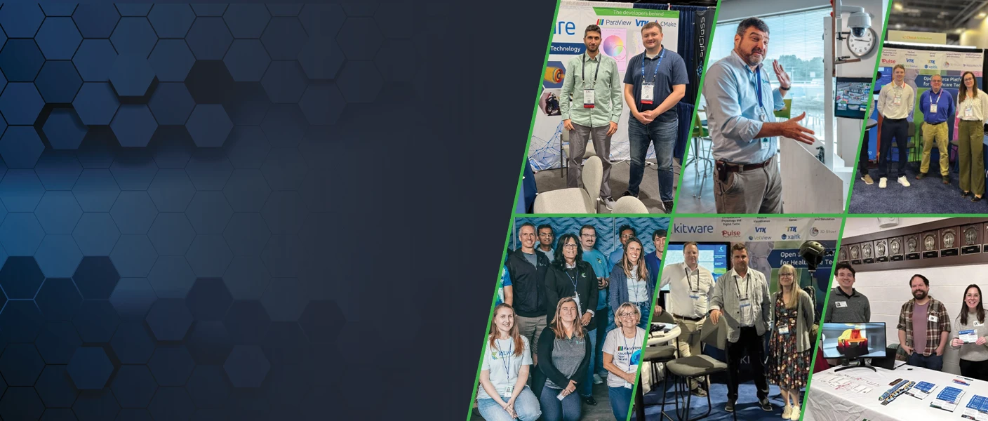 Short Alt Text (Recommended) A graphic banner featuring a photo collage of Kitware team members presenting at conference booths, framed against a dark blue geometric background.
