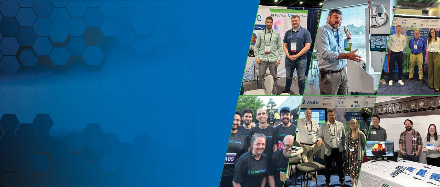 A collage showcasing Kitware team members across various professional settings, framed on the right side against a blue, geometric honeycomb background. The panels display colleagues posing at conference exhibition booths featuring Kitware and ParaView branding, presenting technology demonstrations, and smiling together outdoors in matching "Team Kitware" shirts.