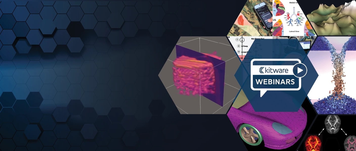 A collage of scientific, technical, and 3D data visualizations displayed inside hexagonal frames on a dark blue geometric background. featured graphics include a 3D medical volume rendering, a purple sports car mesh, particle flow simulations, topographical terrain, and anatomical diagrams, overlaid with a prominent "Kitware WEBINARS" speech bubble logo.