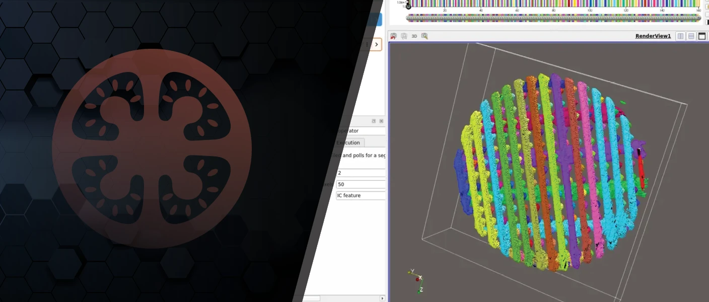 A graphic banner showing a stylized tomato cross-section logo on a dark geometric background alongside a 3D scientific visualization software interface displaying a multi-colored spherical rendering.