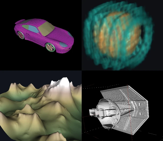 A 2x2 grid of 3D renderings featuring a purple sports car, a spherical volume visualization, a topographic mountain terrain, and a detailed spaceship model.