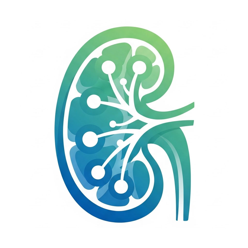 A stylized, cross-section vector illustration of a kidney in shades of blue and green, featuring a white circuit-like neural network diagram branching internally to represent medical technology or artificial intelligence.