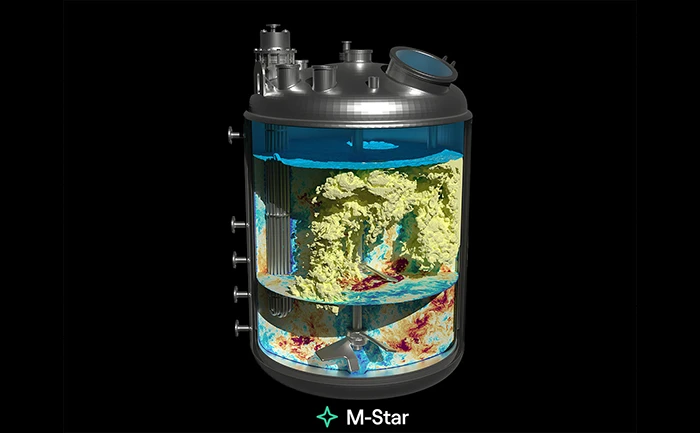 3D cross-section rendering of an industrial mixing tank simulation showing fluid dynamics and solid-liquid agitation using M-Star software.