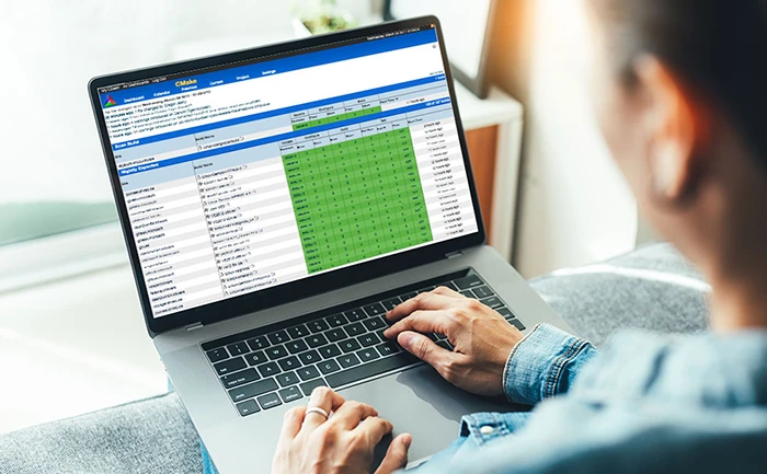 Over-the-shoulder view of a person using a laptop to view a CDash dashboard for CMake build and test results.