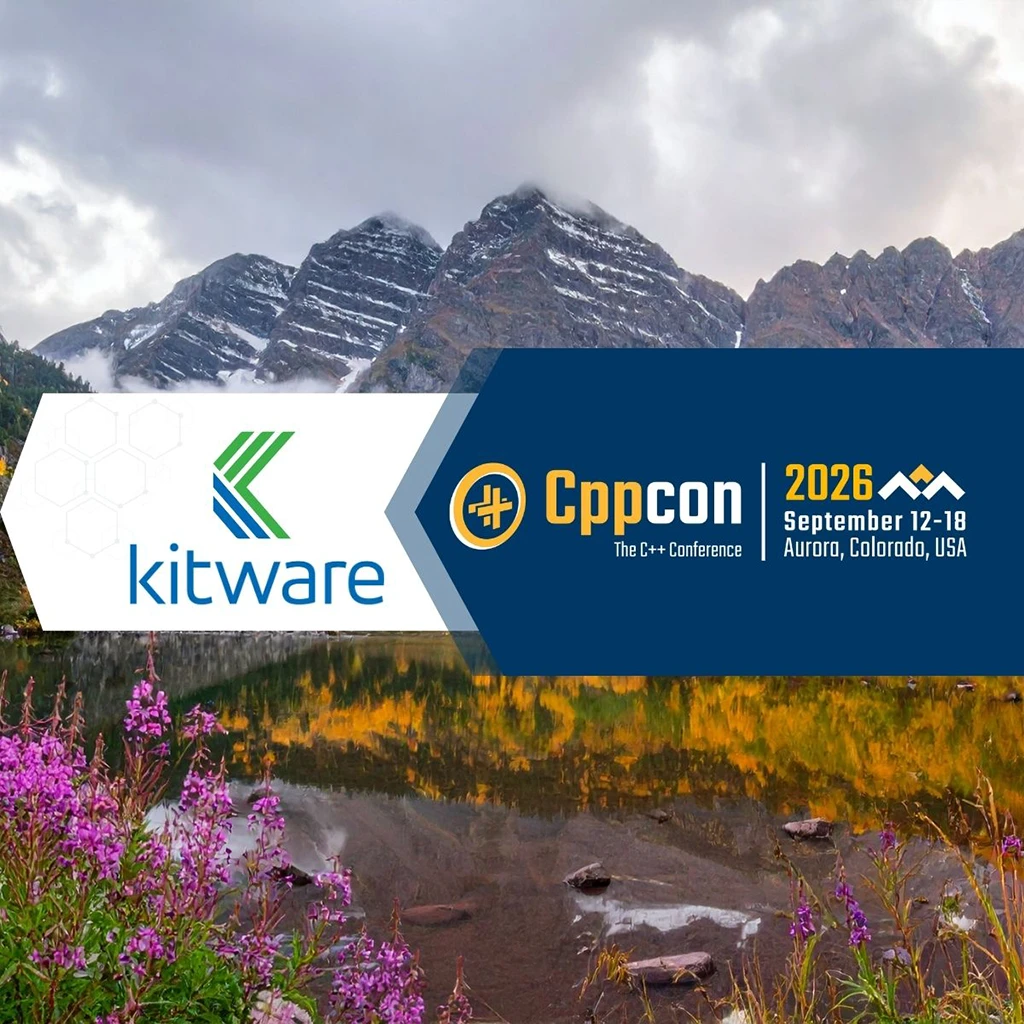 Promotional banner for Kitware at CppCon 2026, set against a background of Colorado mountains and a alpine lake with wildflowers.