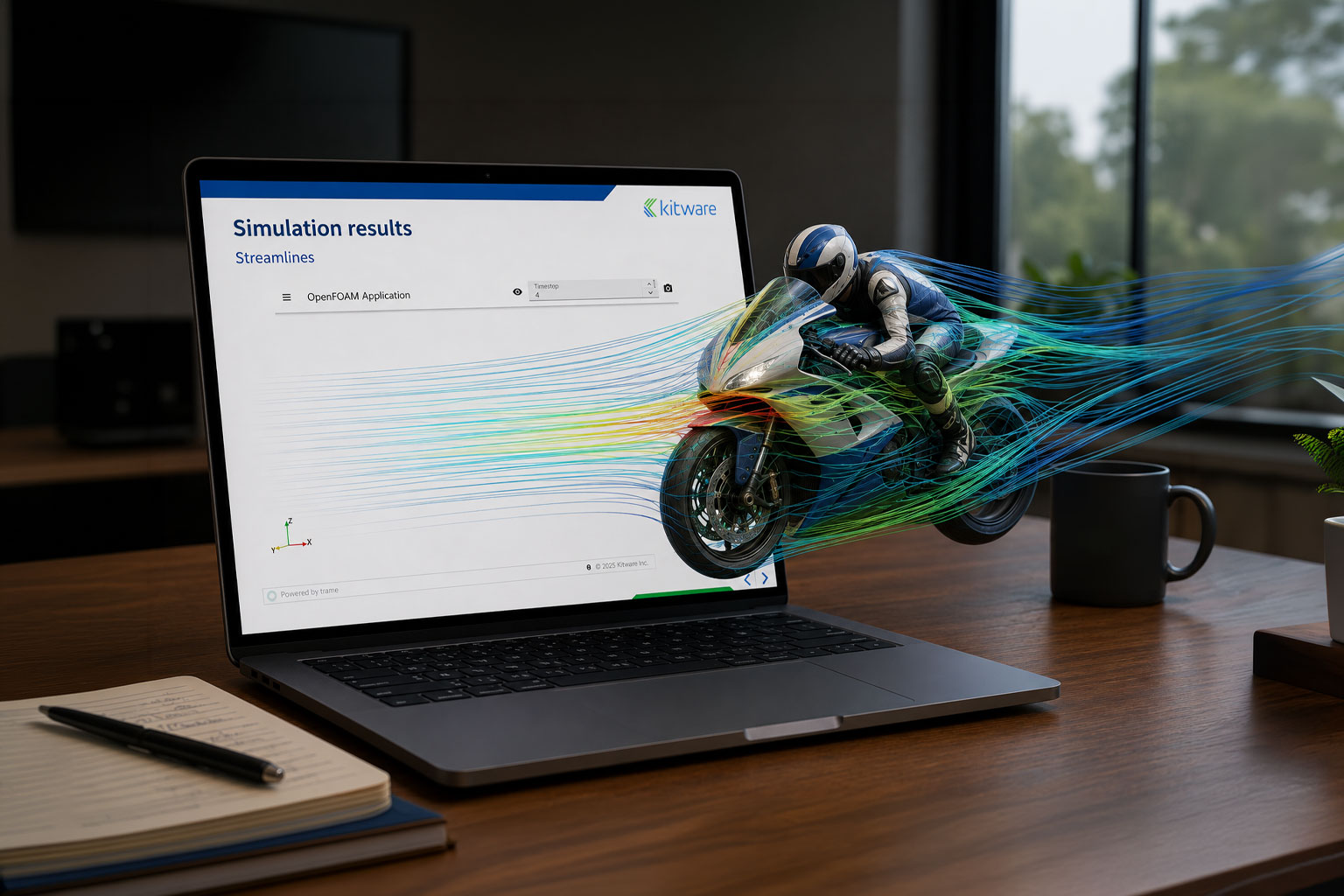 Laptop displaying a Kitware OpenFOAM aerodynamic streamline simulation of a motorcycle rider emerging from the screen.