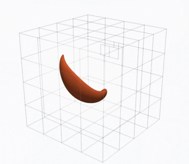 A 3D scientific visualization showing a smooth, crescent-shaped orange object suspended inside a wireframe bounding grid cube.