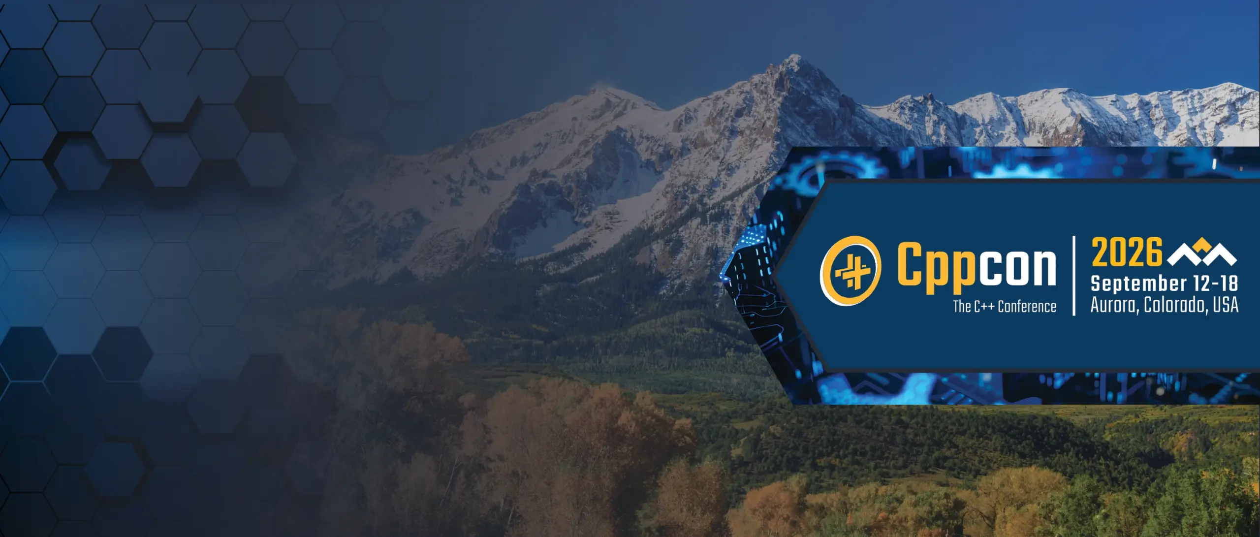 A CppCon 2026 promotional banner featuring the conference logo, dates September 12–18, and location Aurora, Colorado, set against a snow-capped mountain landscape and a dark blue hexagon pattern.