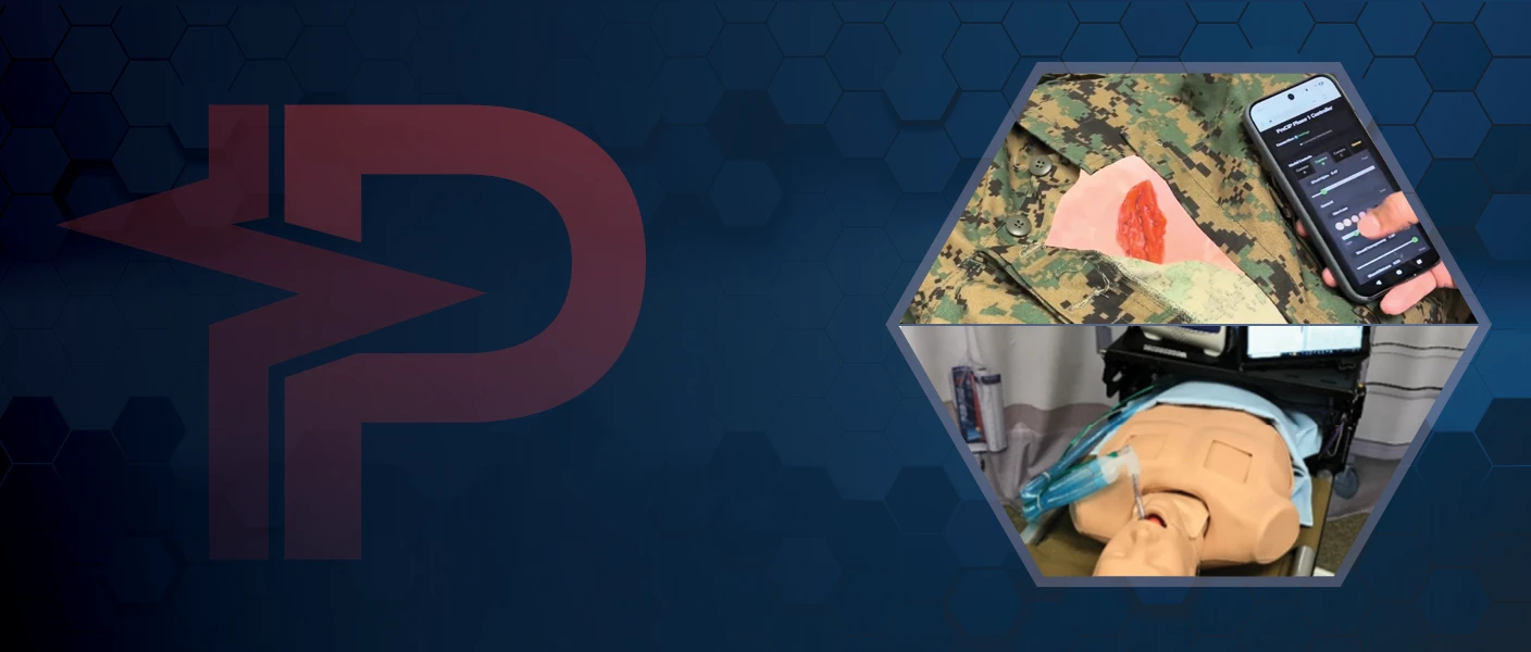 A website hero banner featuring the Pulse Physiology Engine logo against a dark blue geometric hexagon background alongside a split hexagonal frame displaying medical simulation equipment and smartphone controller software.
