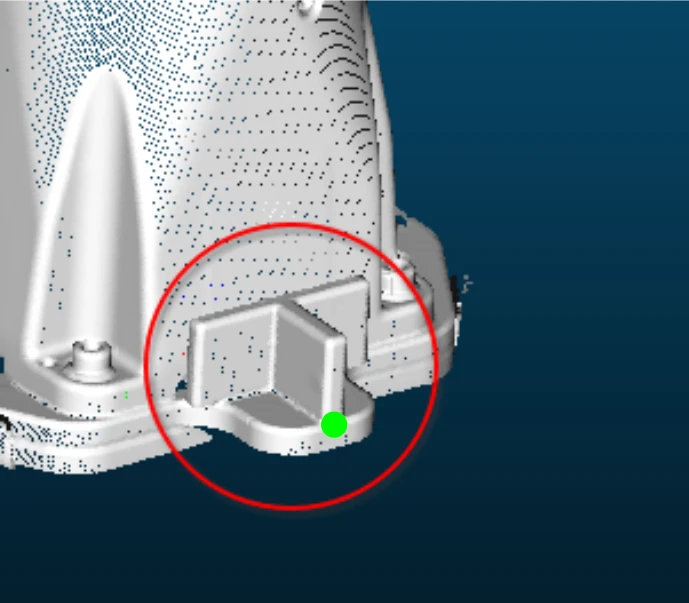 A 3D point cloud scan of a mechanical component with a red circle highlighting a T-shaped mounting feature and a green seed point.