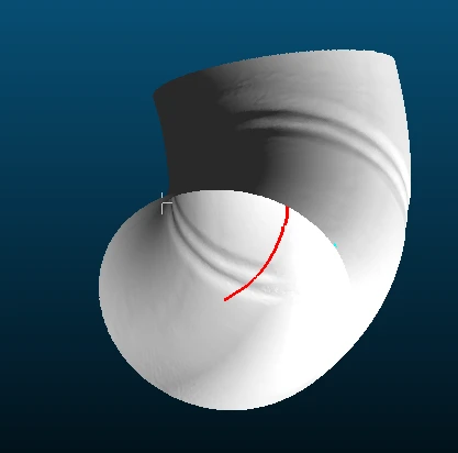 A 3D shaded surface render of a pipe elbow showing a detected weld line path highlighted by a red curve.