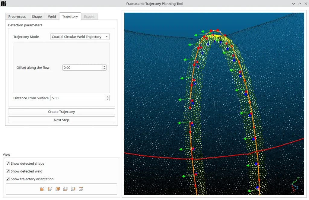 A Framatome Trajectory Planning Tool interface showing controls for generating a coaxial circular weld trajectory alongside a 3D visualization displaying waypoints and orientation normal vectors along a pipe weld.