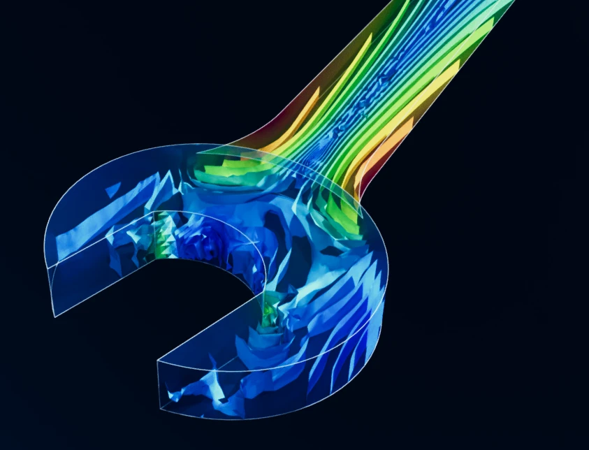 A 3D computational mechanics visualization showing stress distribution and internal scalar fields mapped across a open-end wrench model set against a dark background.