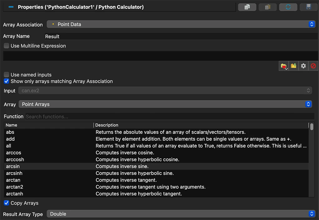 A ParaView Properties panel for the Python Calculator filter showing expression options, array association settings, and a searchable list of mathematical functions.