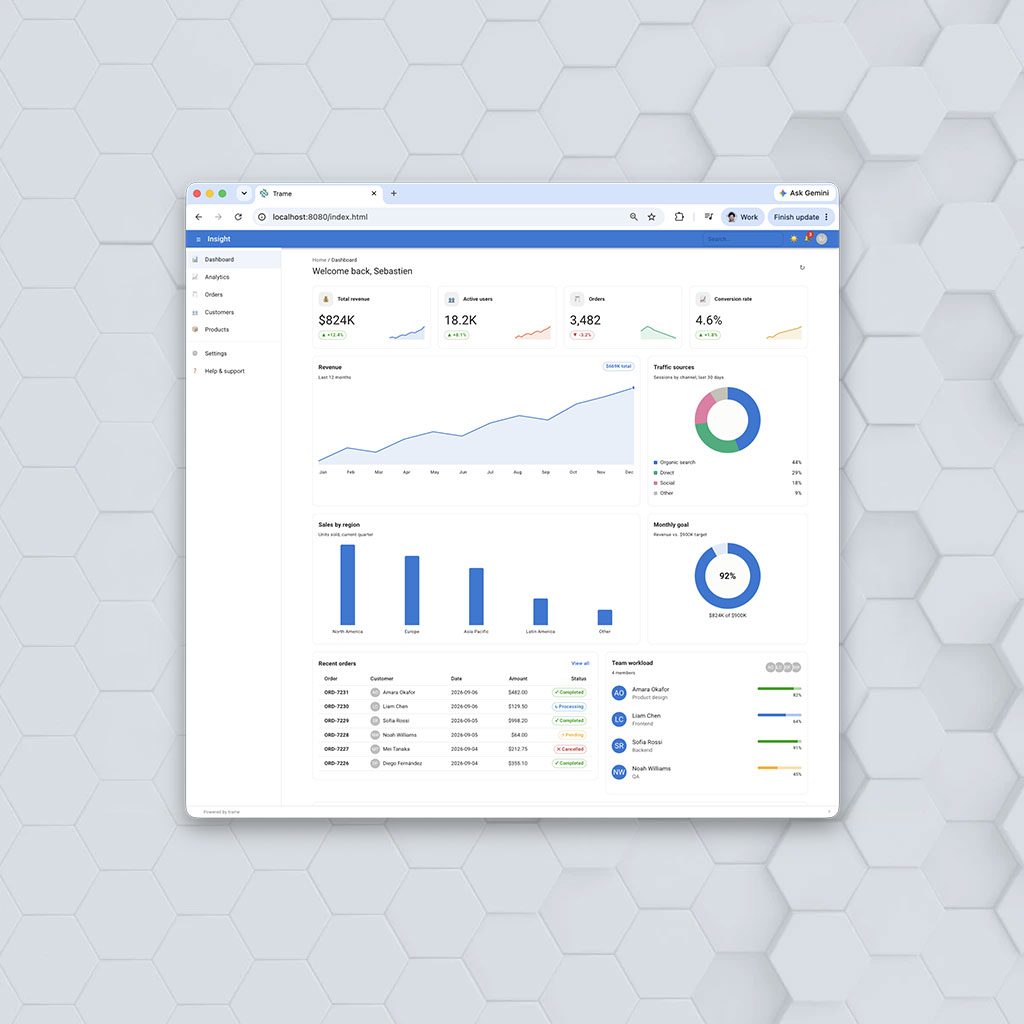 A web browser displaying an interactive analytics dashboard with revenue charts, user metrics, and recent orders, set against a light gray 3D hexagon background.