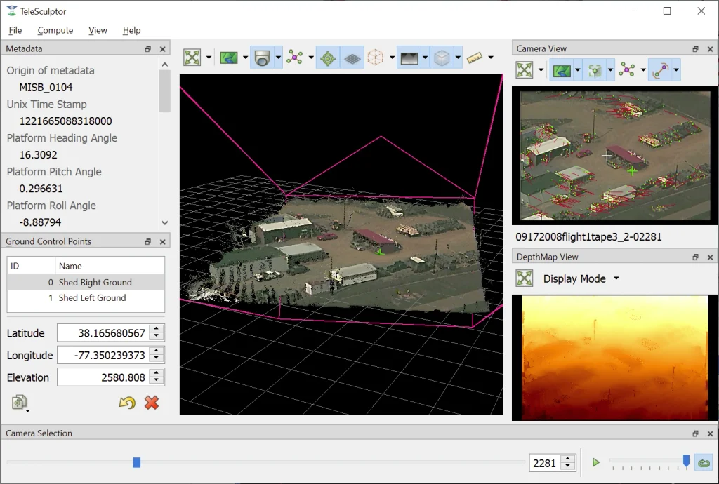 A TeleSculptor application interface displaying photogrammetry 3D reconstruction, including a point cloud 3D view of an industrial compound, metadata, camera video tracking, and a depth map.