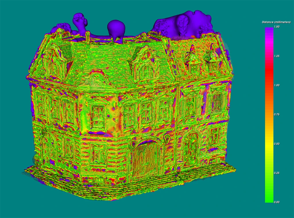 A 3D mesh comparison render of the European building model showing higher spatial variance and surface noise color-coded by distance error up to 1.50 millimeters.