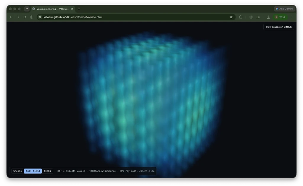 A web browser window displaying a VTK.wasm volume rendering demo of a glowing blue and green 3D volumetric cube composed of 531,441 voxels.