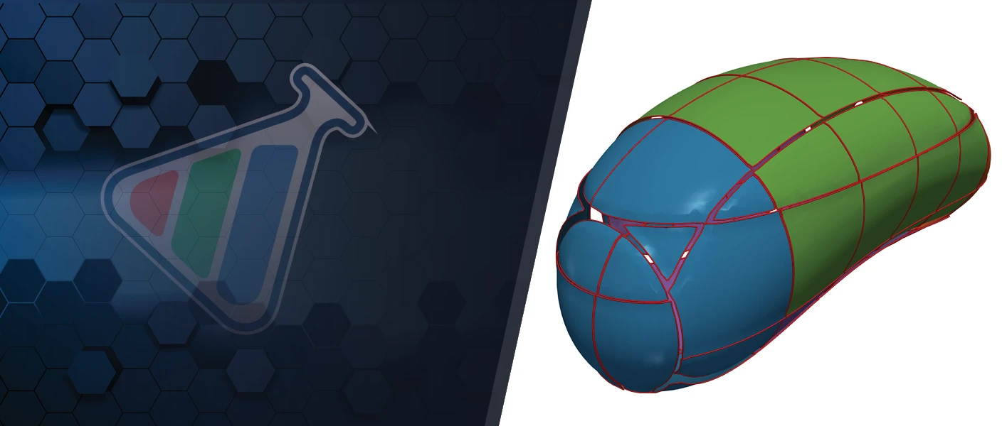 A webinar promotional graphic featuring the ParaView Catalyst flask emblem over dark hexagonal tiles on the left, beside a 3D multi-patch CAD surface mesh of an aerodynamic pod segmented into blue and green patches with red boundaries on the right.