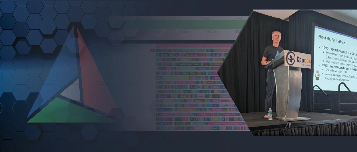 A featured webinar hero banner split diagonally, showing the triangular CMake logo over a build trace timeline on a dark blue hexagonal background on the left, and Bill Hoffman presenting at CppCon on the right.