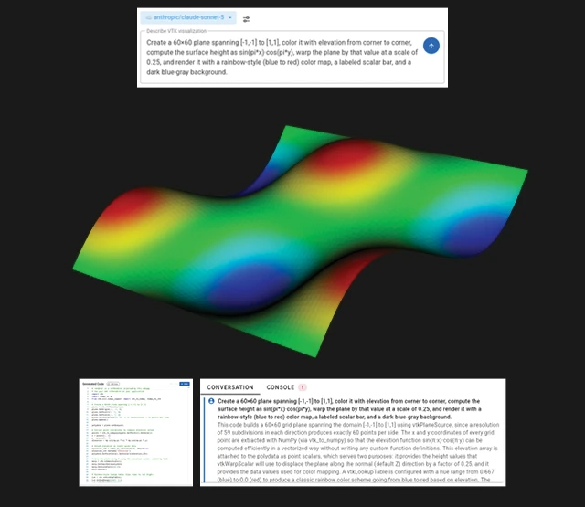 An AI agent interface for automated VTK visualization, displaying a natural language prompt, a generated 3D undulating warped elevation surface colored with a rainbow map, and panels showing the generated Python code and execution conversation.