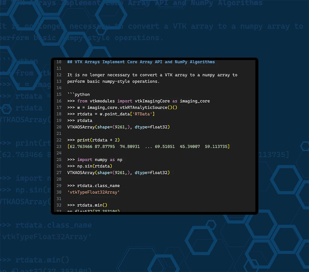 A promotional graphic with Kitware's dark blue hexagon background featuring a dark code window demonstrating VTK arrays implementing NumPy algorithms in Python.
