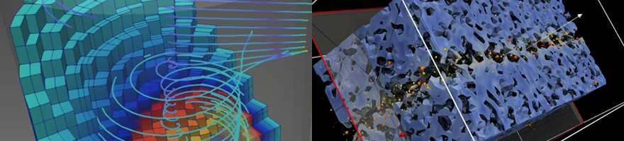 A two-panel scientific visualization figure showing a curved stepped grid with swirling flow streamlines on the left, and a porous blue material matrix with yellow and red tracer particles on the right.