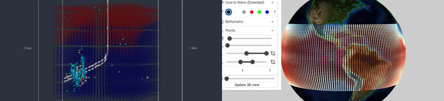 A two-panel scientific visualization showing a subsurface wellbore trajectory and microseismic point cluster on the left, and a global earth globe with a mapped equatorial atmospheric or oceanic grid overlay and UI controls on the right
