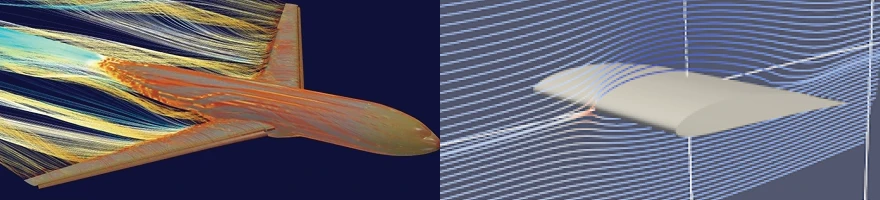 A two-panel aerodynamic CFD visualization displaying full-aircraft wake streamlines and surface pressure distribution on the left, alongside 2D/3D laminar airflow streamlines passing over an isolated airfoil section on the right.