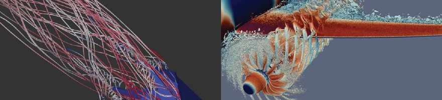 A two-panel scientific visualization figure showing helical flow streamlines exiting a blue nozzle on the left, and volumetric vortex shedding around a multi-blade fan assembly on the right.
