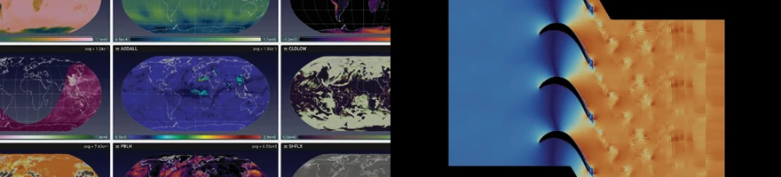 A two-panel scientific visualization figure displaying a matrix grid of global climate model maps on the left, and a 2D turbomachinery cascade simulation showing fluid flow across curved turbine blades on the right.