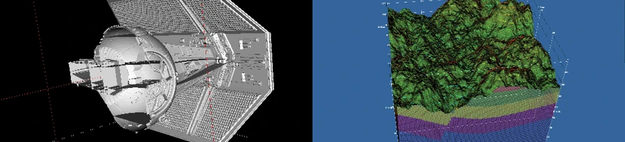 A two-panel scientific visualization figure showing a high-detail CAD model of a Star Wars TIE Advanced starfighter on the left, and a 3D geological elevation model with stratified subsurface soil layers on the right.