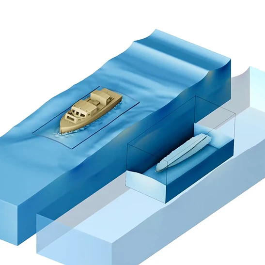 A 3D scientific visualization illustrating an overset grid or digital twin marine CFD workflow, showing a boat navigating surface waves on the left alongside an isolated hull mesh inside a transparent bounding subdomain box on the right.