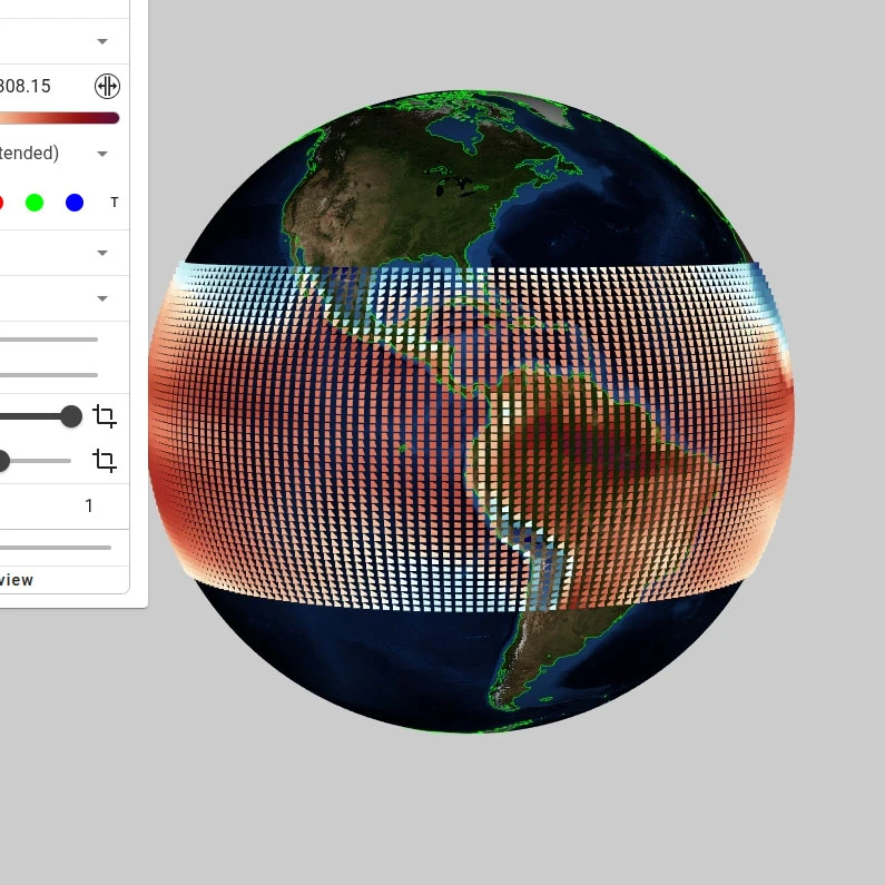 A 3D geospatial scientific visualization displaying an orthographic globe centered on the Americas, wrapped with a dense, color-mapped equatorial structured grid alongside an interactive control panel on the left.