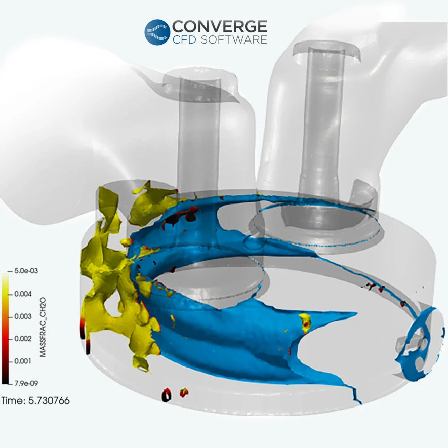 A 3D CONVERGE CFD combustion simulation inside an internal combustion engine cylinder showing formaldehyde mass fraction isosurfaces in yellow, red, and blue beneath intake valves.