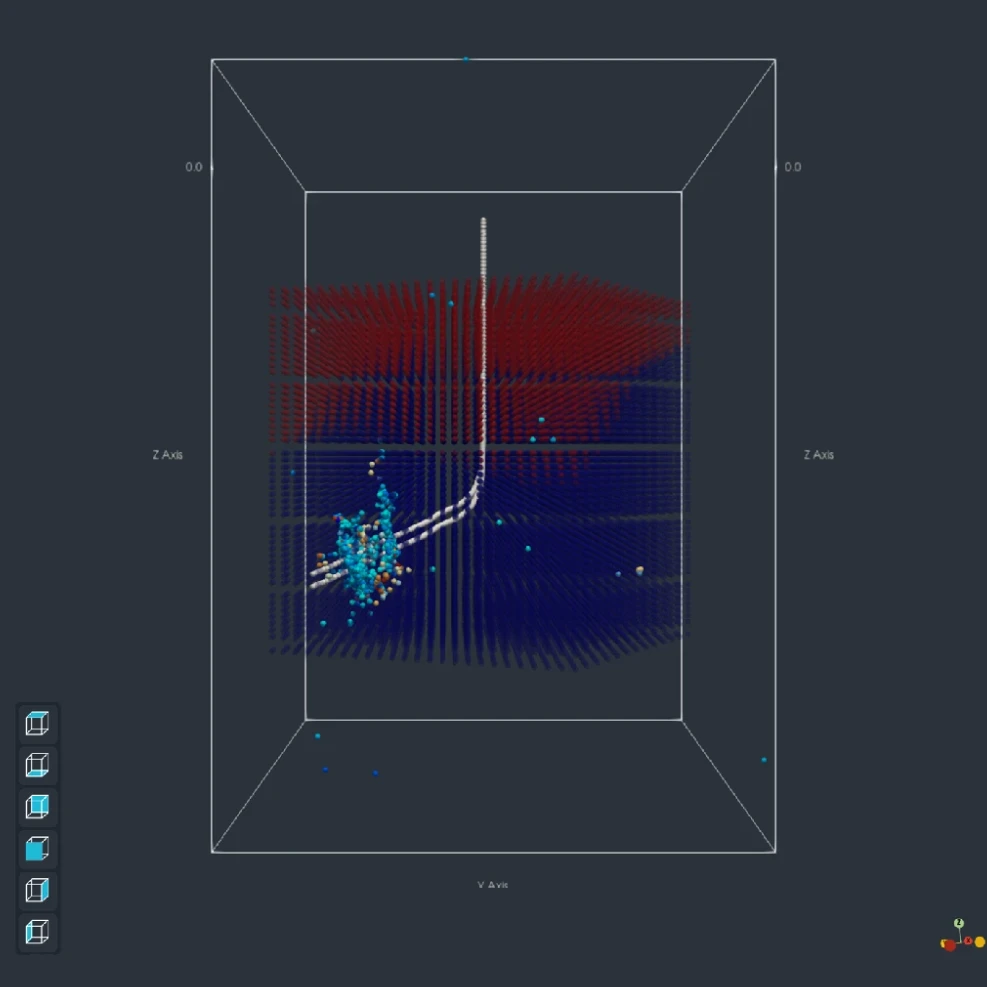 A 3D subsurface reservoir visualization enclosed in a wireframe bounding box, showing curved wellbore trajectories intersecting a dense cluster of microseismic event points against a background point grid colored red and blue.